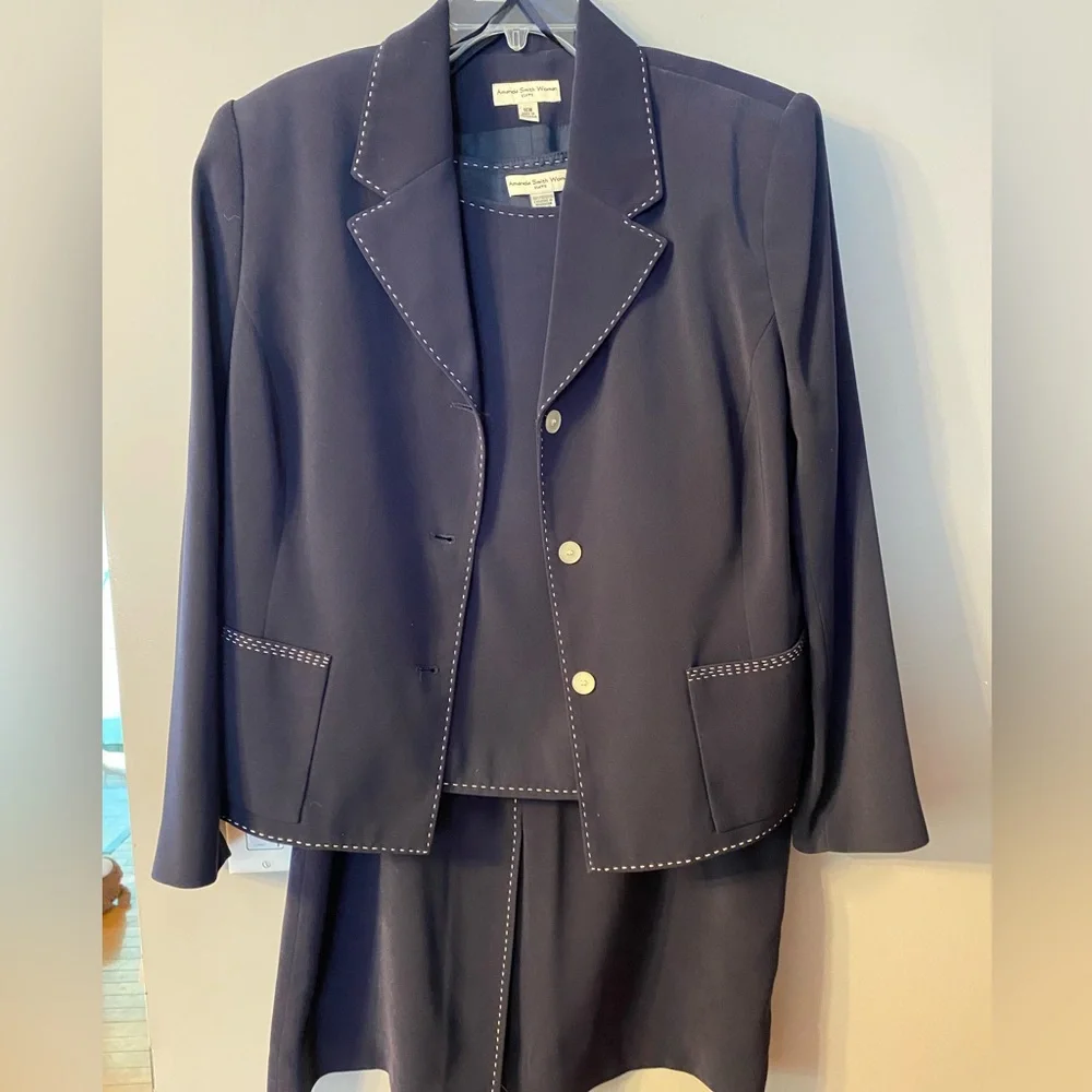 Amanda Smith Navy Blazer and Skirt Set with White Contrast Stitching